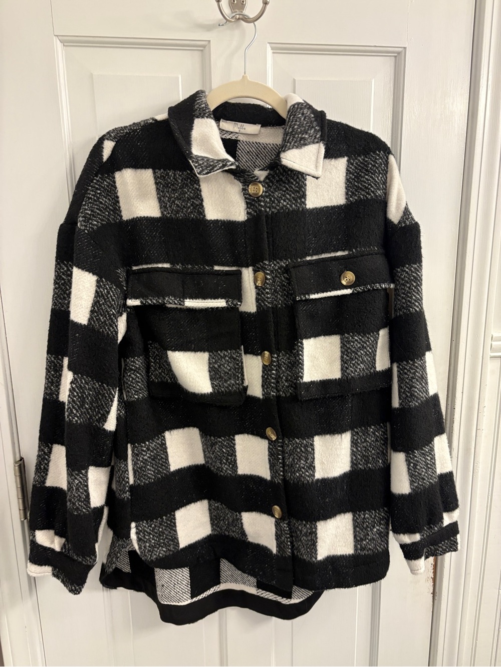Checked Wool-Blend Pea Coat Jacket - Black & White
